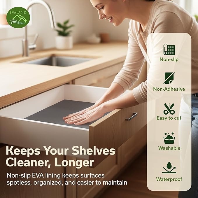 EVALAND Shelf Liners for Kitchen Cabinets Non-Adhesive 17.7" x 33 FT Grey Drawer Liner Non Slip, Washable Cabinet Liner, Waterproof Shelf Liners for Cabinets, Refrigerator Bathroom Pantry Cabinet Mat - Image 3