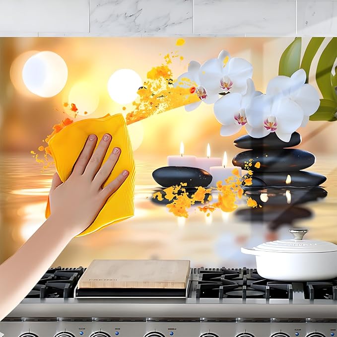 NYZE Kitchen Backsplash Stickers Waterproof Stove Backsplash Protector, 30 X 16 inch Removable Kitchen Wallpaper with Wall Art Decor for Stove Cooking Area(Orchid & Stacked Stones) - Image 6