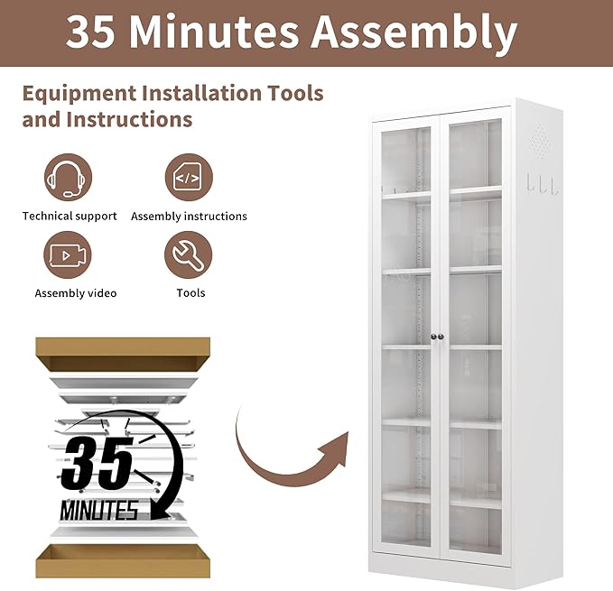 Kitchen Pantry Storage Cabinets with Glass Doors and 5 Adjustable Shelves, 72" Tall Kitchen Cupboard Metal Pantry Cabinet for Home Office Living Dining Room, Assembly Required (White) - Image 8