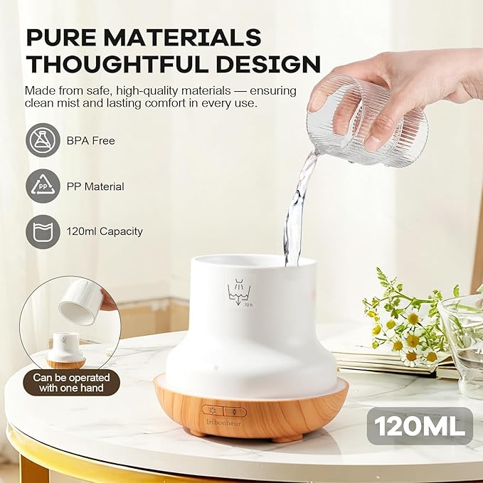 Essential Oil Diffuser with Night Lamp | 120ml USB Portable Aroma Diffuser with Wood-Grain Base & Glass-Look Cover | Humidifier with Lights | Small Humidifier for Bedroom, Office | Room Décor | Gift - Image 6