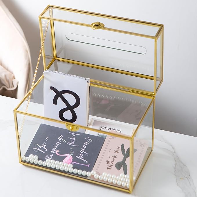 Glass Wedding Card Box with Slot and Lock, Large Clear Card Box Gold Brass Gift Card Storage Box with Lock for Wedding Receptions, Baby Shower, Birthday Party, Bridal Shower - Image 3