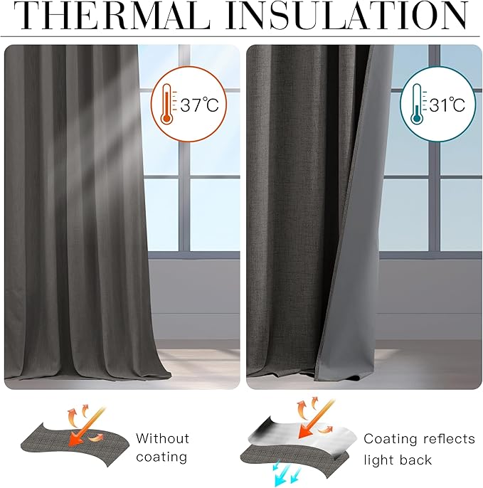 RYB HOME Grey 100% Blackout Linen Curtains 72 inch Long, Thermal Insulated & Privacy Assurd Drapes for Bedroom/Office/Nursery, Rod Pocket & Back Tab Window Treatment, W52 X L72, 2 Panels - Image 4