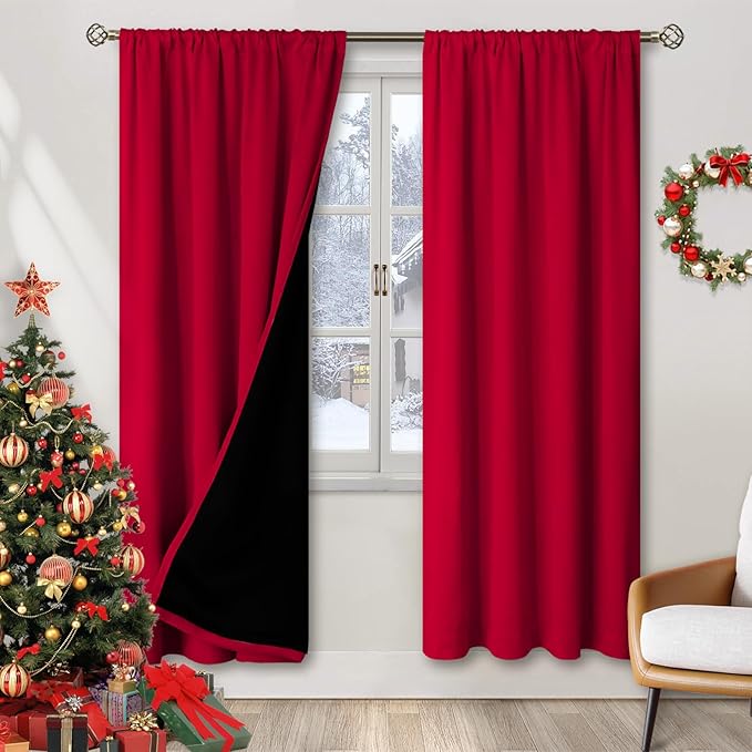 BGment Christmas Thermal Insulated 100% Blackout Curtains for Bedroom Decoration with Black Liner, Double Layer Full Room Darkening Noise Reducing Rod Pocket Curtain (52 x 84 Inch, Red, 2 Panels) by BGment