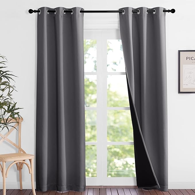 NICETOWN Grey Full Shade Curtain Panels, Pair of Thermal Insulated & Energy Efficiency Blackout Curtains for Living Room Windows, Lined Silky Performance Window Dressing (37" Wide x 84" Long, Gray) - Image 2