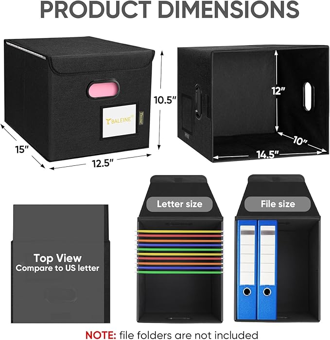 BALEINE File Organizer Box with Lid, Collapsible File Folder Organizer with Plastic Slide, Hanging File Folder Box for Office Document Storage (1 Pack, Black) - Image 2