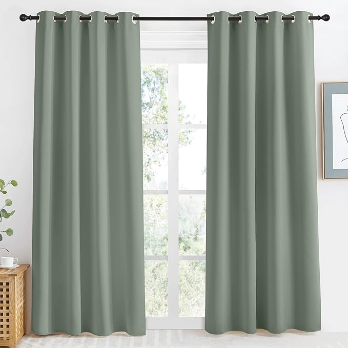NICETOWN Blackout Greyish Green Curtain 86 inch Length for Bedroom, W55 x L86, 1 Panel, Thermal Insulated Grommet Room Darkening Window Drape Sound Dampening for Living Room by NICETOWN