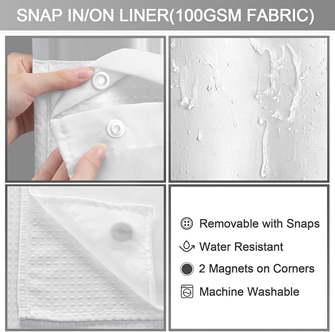 No Hook Shower Curtain with Fabric Liner White Hotel Waffle 75" L x 72" W,EVA Clear Window Shower - Image 5