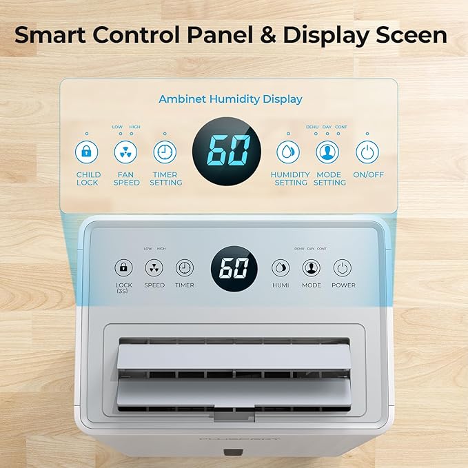 1500 Sq.ft Dehumidifier for Basement, PLUSCENT Max 21 Pint/Day Dehumidifiers for Home, Large Room, Bedroom with Drain Hose, Smart Humidity Control & Monitor, 3 Operation Modes, 24H Timer, Auto Defrost - Image 5