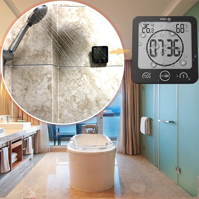Waterproof Bathroom Wall Clock and Timer, Digital Water Resistant Hanging Timer for Shower, Large Display Kitchen Cooking Countdown Timers, Mirror Suction Clock with Temperature Humidity Meter (Black) - Image 3