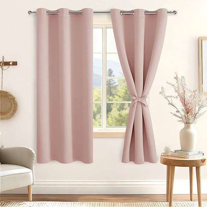 Hiasan Room Darkening Curtains for Bedroom, Blackout Noise Reducing, Energy Saving Window Curtain Panels, Sewn with Tiebacks, Set of 2, Grommet Top (Blush, Width 42 Inch x Length 72 Inch) by Hiasan