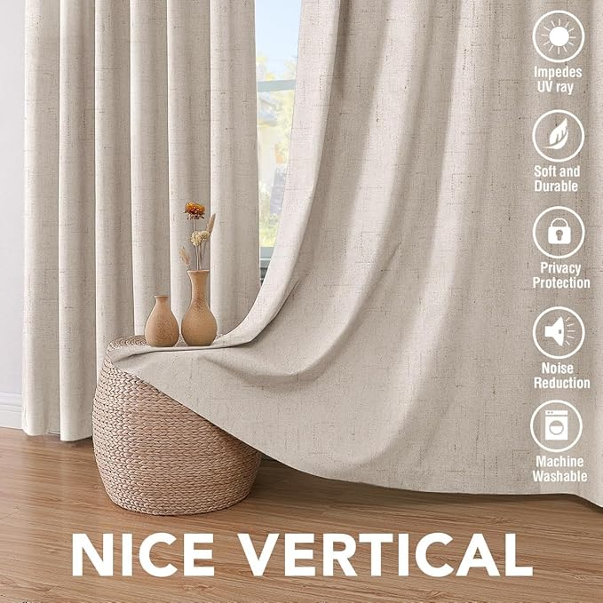 H.VERSAILTEX Linen Curtains 100% Blackout Curtains for Bedroom 102 inch Long Full Light Blocking Nature Linen Blended Window Curtains for Living Room Nickel Grommet (2 Panels, Natural) - Image 7