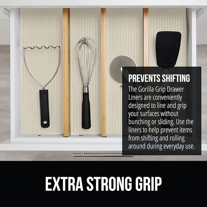 GORILLA GRIP powerGRIP Drawer Shelf and Cabinet Liner, Thick Strong Hold, Non-Adhesive Liners Protect Kitchen Cabinets and Cupboard, Bathroom Drawers, Easy Install, Breathable Mat, 12" x10' Cream - Image 3