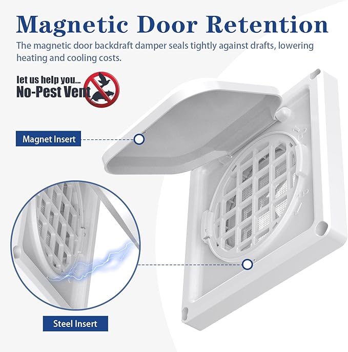 Dryer Vent Cover Outside 4 inch, Magnetic Door Design, Durable Airflow Vent with Lint Trap Screen, Thickened Material, 6 inch x 6 inch Size, White - Image 4