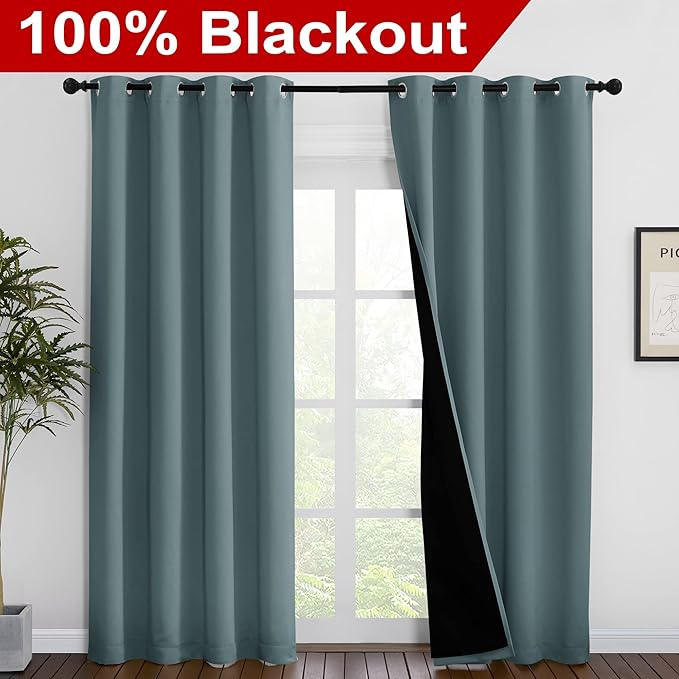 NICETOWN 100% Blackout Curtains 86 inches Long, Pair of Energy Smart & Noise Blocking Out Drapes for Baby Room Window, Thermal Insulated Guest Room Lined Window Dressing(Greyish Blue, 55 inches Wide) - Image 2