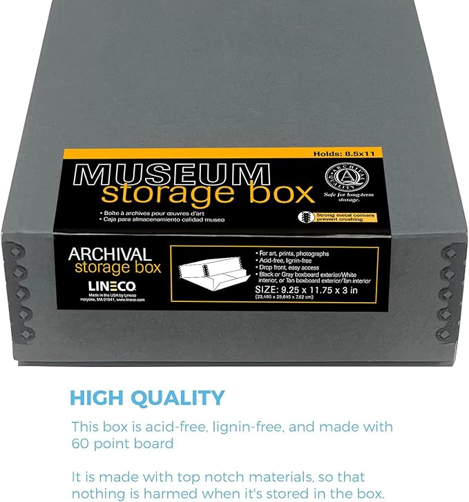 Lineco Archival Museum Storage Box with Removable Lid and Drop Front Design, 8.5 x 11 x 3 Inch. Preserve Longevity, Store Photos, Documents, Cards, Magazines, Prints, DIY. Gray - Image 4
