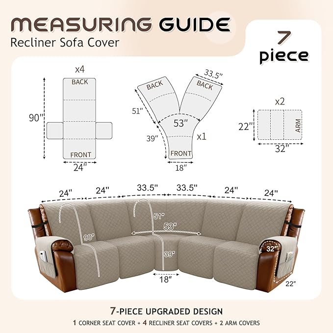 Arfntevss Waterproof Recliner Sectional Couch Covers for Reclining Sectional L Shape Sofa Cover Non Slip Washable Recliner L Shaped Slipcover Sets for Dog Furniture Protector (5 Seater, Light Khaki) - Image 5