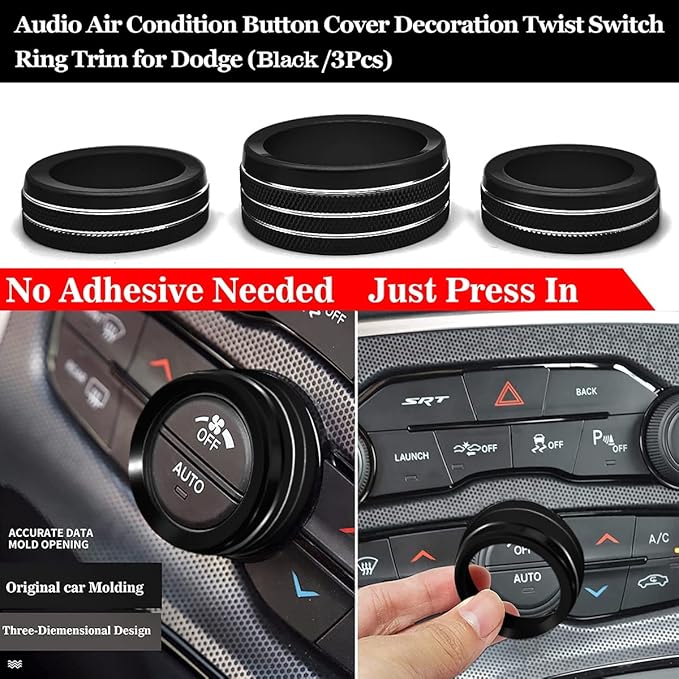 Auprite Climate Control Knob Covers for Challenger Accessories 2015-2023 2024, for Dodge Charger 2015-2023 2024, for Dodge Chrysler 300/300s 2015-2024,3Pcs Kit (Black) - Image 3