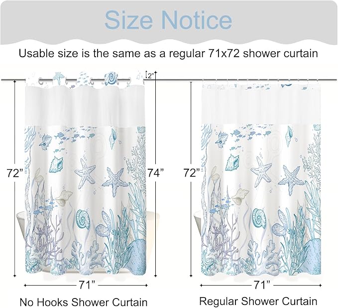 No Hook Shower Curtain with Snap in Liner, Beach Ocean Nautical Coastal Shower Curtains and Liner Set for Bathroom, Seashell Hotel Fabric Bath Curtain, Waterproof Washable, Blue 71" x 74" - Image 8