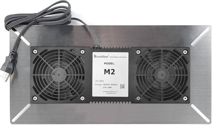 Durablow 220 CFM Air-Out Stainless Steel Crawl Space Vent Fan, Dual Fans, Foundation Vent, Radon Mitigation, for Crawl Space, Basement, with Freeze Protection Thermostat (Stainless steel, M2) by Durablow