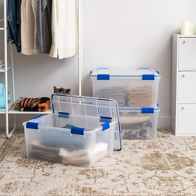 IRIS USA 60 Quart WEATHERPRO Plastic Storage Box with Durable Lid and Seal and Secure Latching Buckles, 3 Pack, Weathertight, Keep Pest Dust and Moisture Out, for Oversized Bulky Items, Clear/Blue - Image 4
