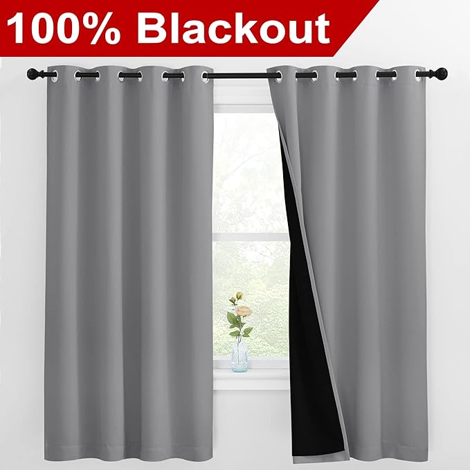 NICETOWN 100% Blackout Curtains with Black Liners, Thermal Insulated Full Blackout 2-Layer Lined Drapes, Energy Efficiency Window Draperies for Bedroom (Silver Grey, 2 Panels, 55-inch W by 68-inch L) - Image 2