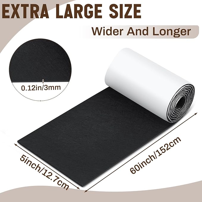 Large Felt Furniture Pads 5 x 60 Inch Non Slip Self Adhesive Heavy Duty Cuttable Strip Roll Felt Sheet Tape for Protecting Hardwood Floors Chair Wall, Black - Image 2