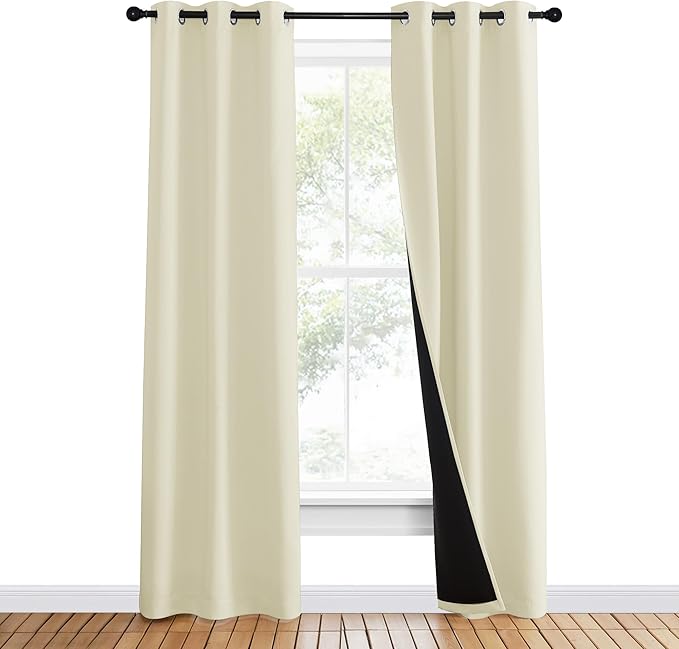 NICETOWN Living Room Completely Shaded Draperies, Privacy Protection & Noise Reducing Ring Top Drapes, Black Lined Insulated Window Treatment Curtain Panels (Beige, 2 Pieces, W37 x L80) - Image 2