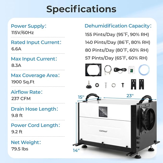 COSTWAY 155 PPD Commercial Dehumidifier, 1900 Sq.Ft Crawl Space Dehumidifier with 9.8 FT Drain Hose & Wired Remote Control Panel, Ideal for Basement, Warehouse (White) - Image 8