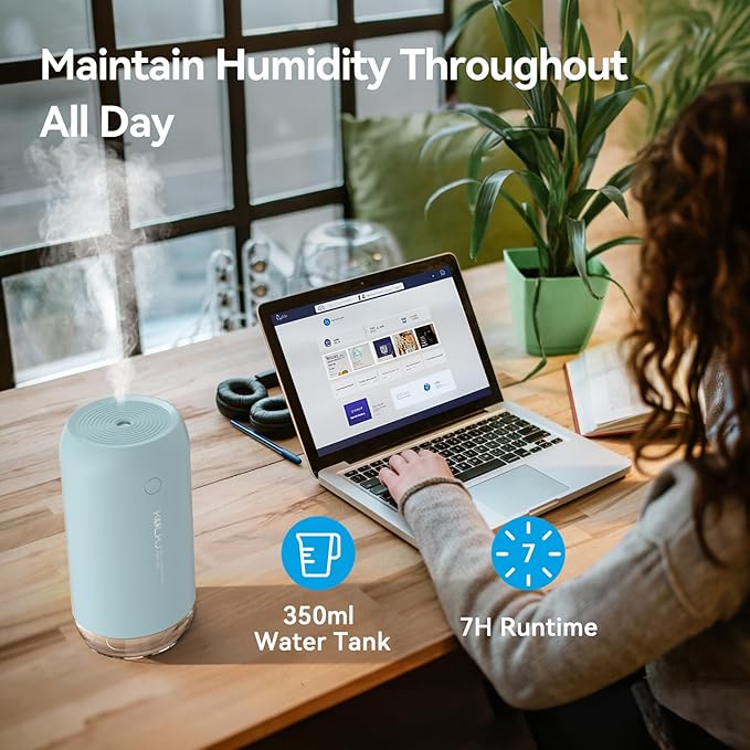 Portable Mini Humidifier, KQLKJ 350ml Small Cool Mist Humidifier, USB Personal Desktop Humidifiers for Bedroom Car Office Travel with Auto Shut-Off & 2 Mist Modes (Blue) - Image 3