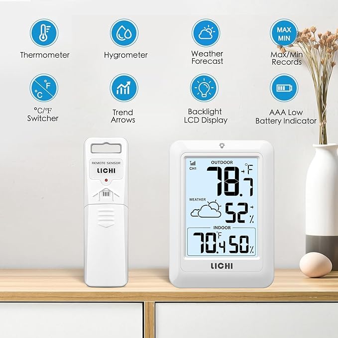 Indoor Outdoor Thermometer Wireless Weather Station, Internal External Thermometer Hygrometer, Home Batteryoperated Temperature Humiditymonitors330 Feet (About 100 Meters) Backlight Display (White) - Image 4