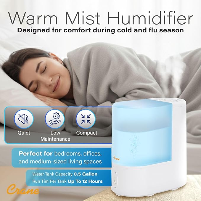 Crane Warm Mist Humidifier, Small Humidifier for Bedroom, Office, Vapor Pad Tray, Soothing Warm Mist Humidifiers For Bedroom, Relief for Dry Air, Quiet Operation, Auto Shut-Off, Desk Humidifiers - Image 6