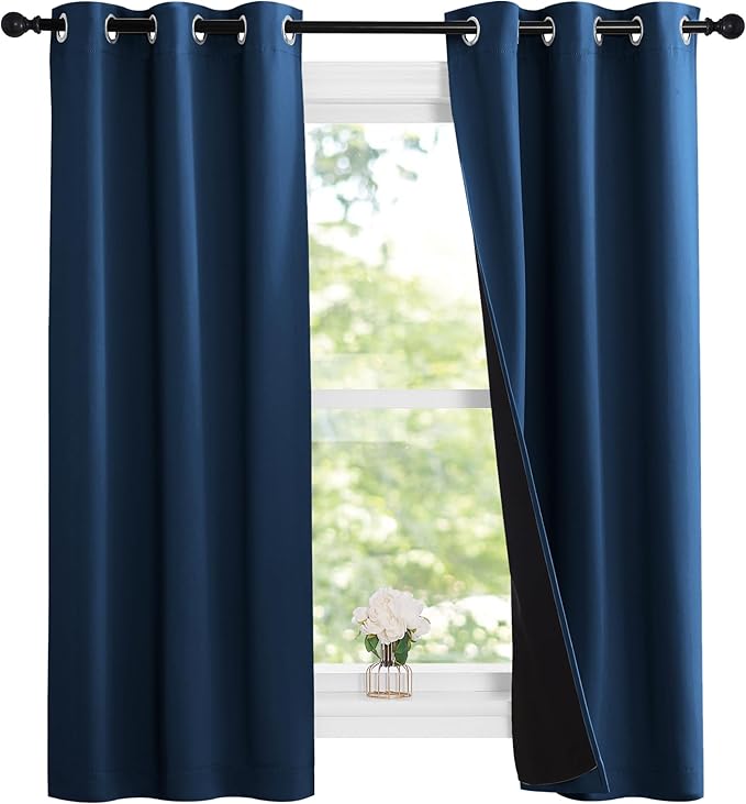 NICETOWN 100% Blackout Short Curtains with Black Liners, 2 Panels, 37"W by 63"L, Moroccan Blue, Solid Thermal Insulated Full Blackout 2-Layer Lined Drapes, Energy Efficiency Window Drapes for Bedroom by NICETOWN