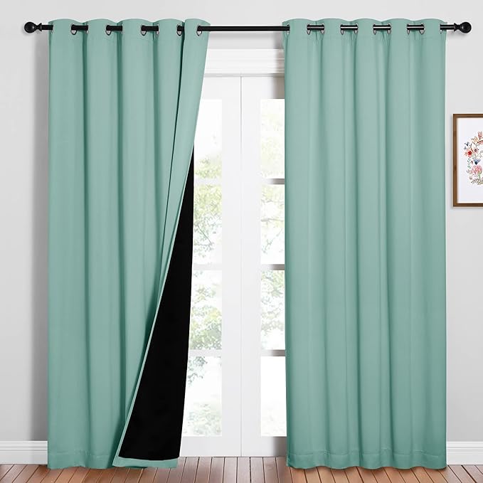 NICETOWN 100% Blackout Window Curtain Panels, Cold and Full Light Blocking Drapes with Black Liner for Nursery, 84 inches Drop Thermal Insulated Draperies (Aqua Blue, 2 PCs, 62" Wide Each Panel) by NICETOWN