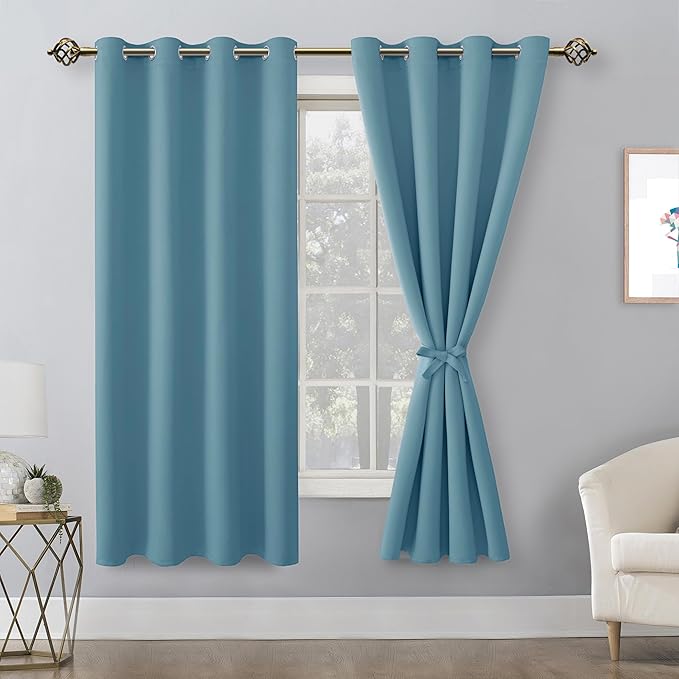 Hiasan Blackout Curtains for Bedroom, 52 x 63 Inches Length - Thermal Insulated & Light Blocking Window Curtains for Living Room, 2 Drape Panels Sewn with Tiebacks, Stone Blue - Image 2