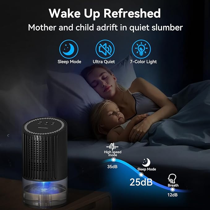Dehumidifier, 34oz Small dehumidifiers for home, Ultra Quiet (25dB) 350 sq ft Mini Dehumidifier, Portable for Bathroom Bedroom Closet Basement RV, with 7-Color LED, Smart Defrost, Auto Shut-Off - Image 4