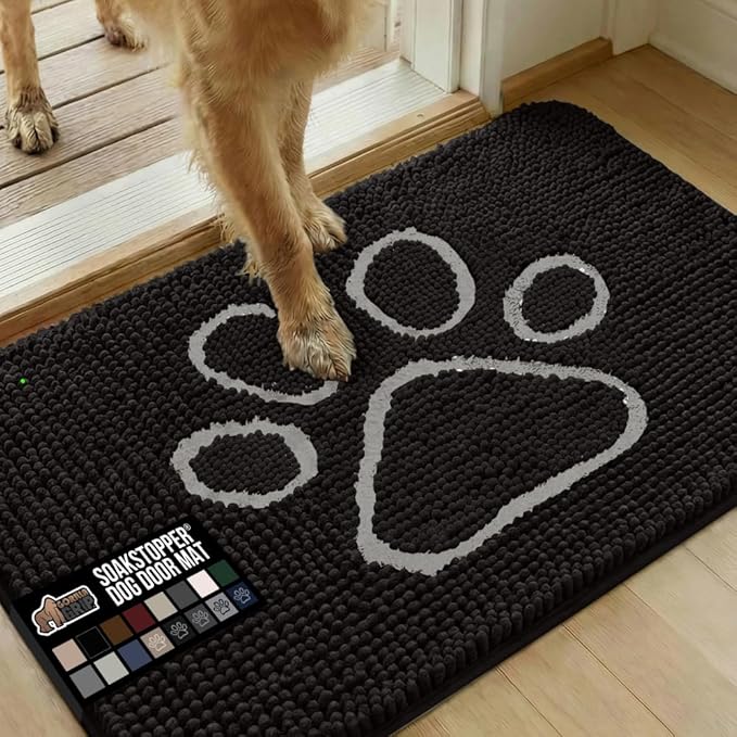 GORILLA GRIP SOAKSTOPPER Dog Door Mat, 36x24 Machine Washable Rug Absorbent Doormat Captures Moisture Mud Dirt, Quick Dry Soft Chenille Entryway Rugs Indoor Entrance Mats for Dog Paws, Black White by GorillaGrip