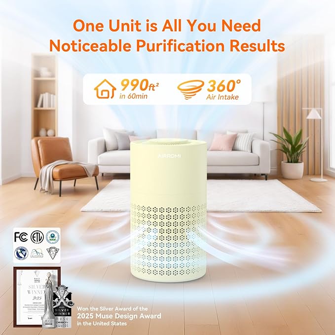 AIRROMI Air Purifier for Bedroom with HEPA Fet Filters, Pet Air Purifiers for Home Cat Pee Smell, Covers Up to 990Ft², Quiet 360° intake Air Cleaner for Allergies Dust Smoke Odor A2001 Yellow - Image 2
