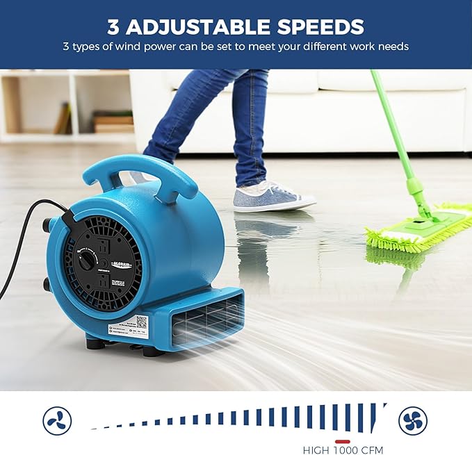 ALORAIR 1000 CFM Air Mover Blower Fan，Utility Fan with 3 Speeds, 5 Adjustable Angles and Daisy Chain - Ideal for Water Damage Restoration and Plumbing - GE1000A - Image 2