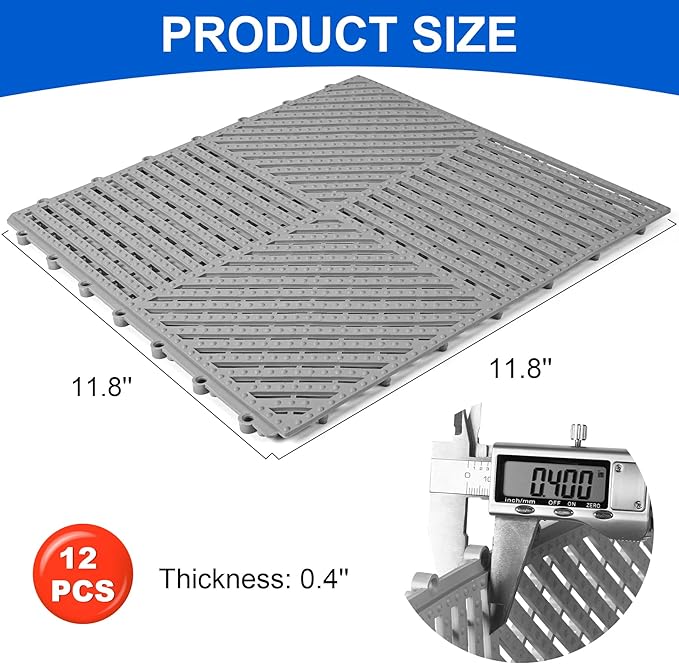MYFAMIREA Modular Interlocking Cushion 12 Pack 11.8" x 11.8" Rubber Floor Tiles Non-Slip Splicing Drainage Mats for Deck, Pool, Shower, Patio, Balcony, Bathroom, Kitchen, Yard (1 Rows Dots, Gray) - Image 2