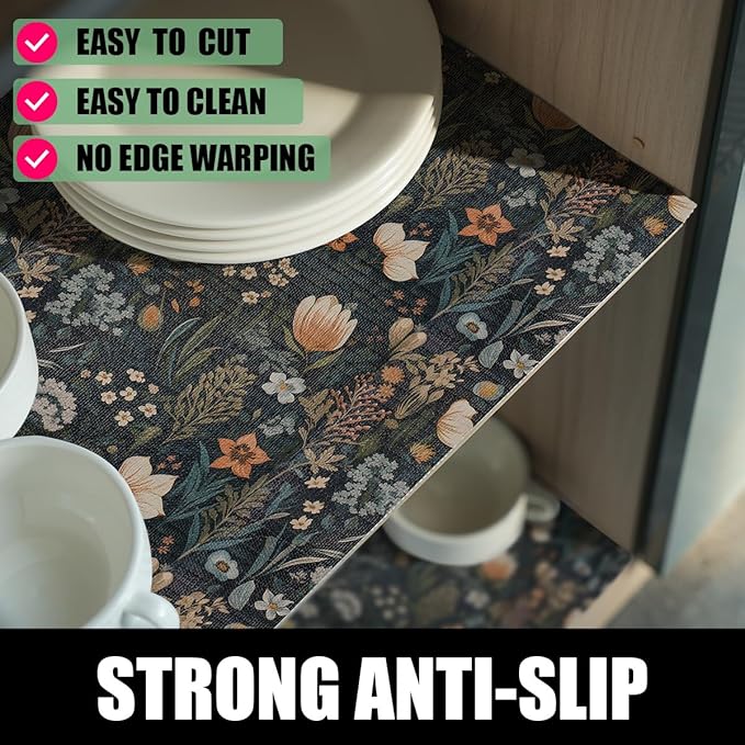 Vintage Floral Non-Slip Shelf Liner, 16IN x 10FT Non-Adhesive and Strong Non-Slip Floral Shelf Cabinet Drawer Liners for Kitchen, Waterproof Cupboard Liners,Easy to Clean,Dark Green - Image 2