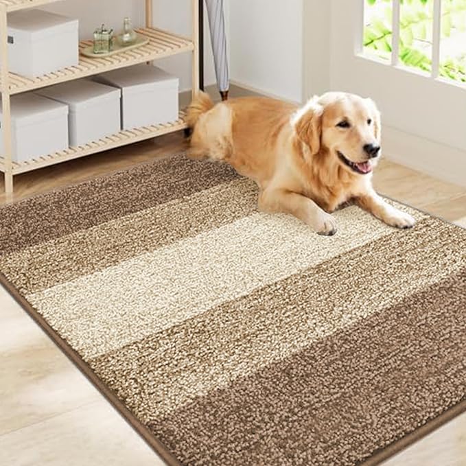 Smiry Dog Door Mat for Muddy Paws, Absorbs Moisture and Dirt, Low-Profile Entryway Mat with Non-Slip Backing, Entry Indoor Outdoor Doormat for Inside Floor (40x32 Inches, Khaki, Striped) by Smiry