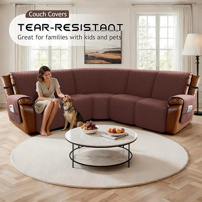 Arfntevss Waterproof Recliner Sectional Couch Covers for Reclining Sectional L Shape Sofa Cover Washable Recliner L Shaped Slipcover Sets for Dog Furniture Protector (5 Seater, Chocolate Brown) - Image 7