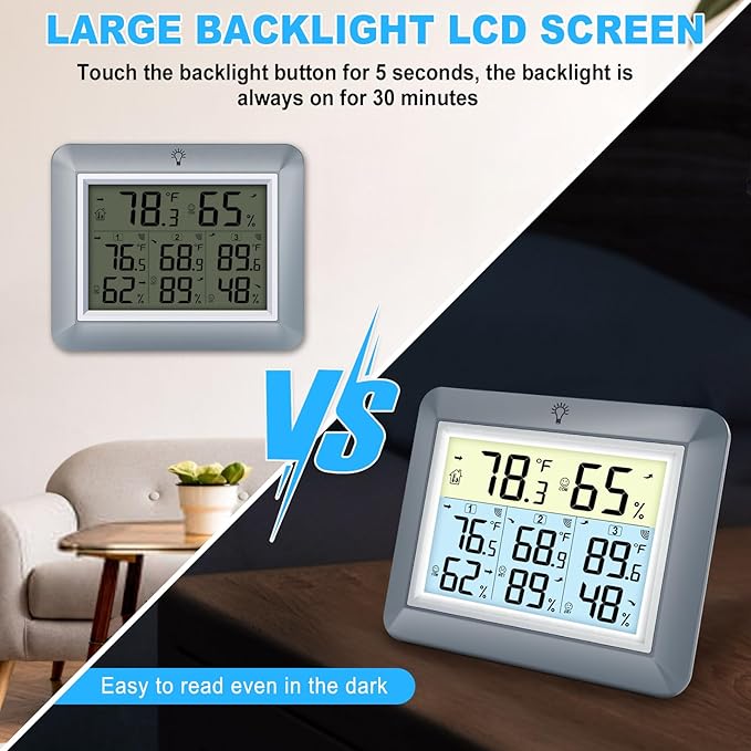 Urageuxy Weather Station Wireless Indoor Outdoor Thermometer with 3 Sensors, Remote Temperature Monitor with Humidity for Home, Baby Nursery, Room, Attic, Patio, Grey - Image 7