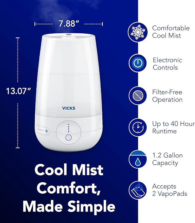 Vicks FilterFree Plus Cool Mist Plus Humidifier (VUL565), Medium Room –Filter-Free Cool Mist Humidifier for Baby, Kids and Adult Rooms, Works with Vicks VapoPads - Image 4