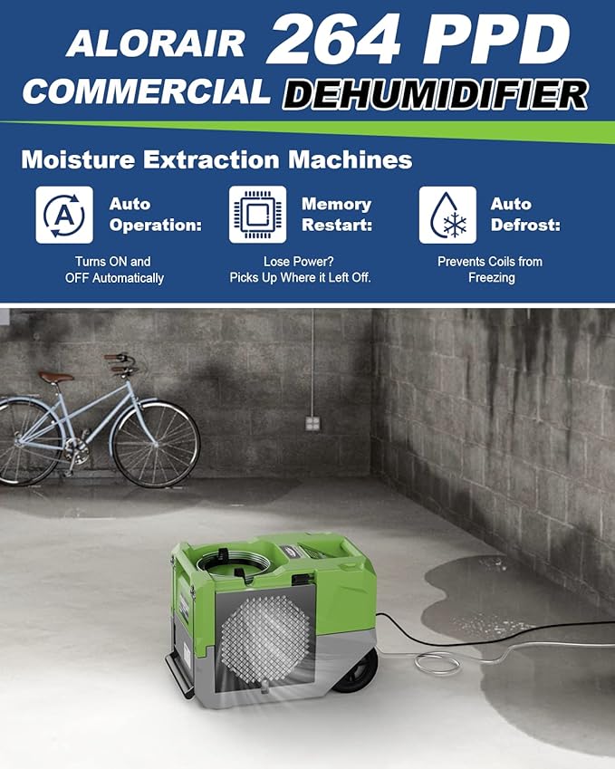 ALORAIR 264 PPD Commercial Dehumidifier with Pump, Industrial Dehumidifier with Pump Up to 3,000 Sq.Ft, Compact, Portable, for Water Damage Restoration, Basement, Crawl Space, Green - Image 2