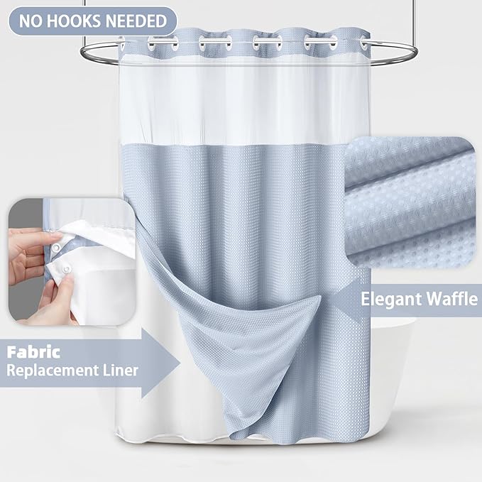 No Hook Shower Curtain and Liner Set,Mist Blue Hotel Waffle Shower Curtain with Liner 75" L x 72" W - Image 3