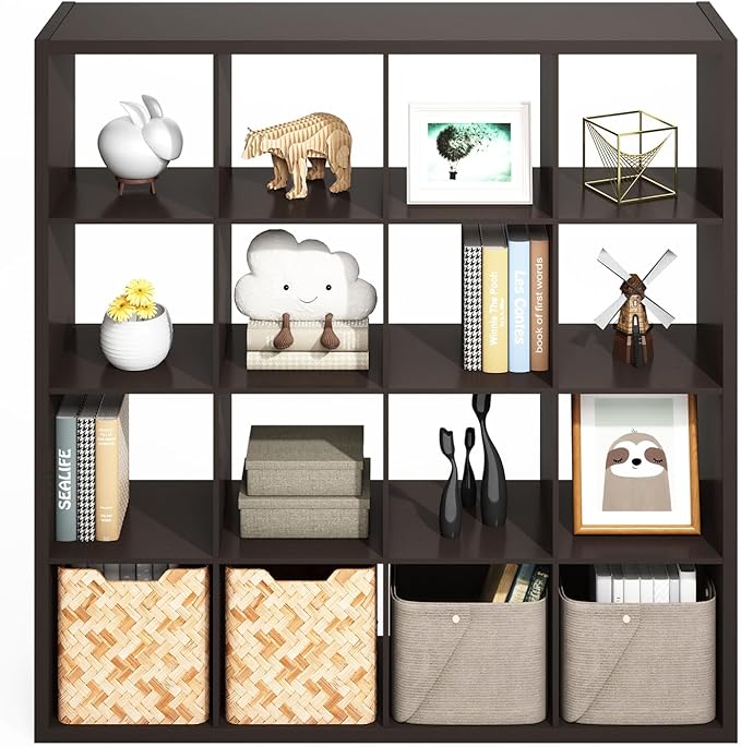 Furinno Simple Cube Storage Organizer, 16-Cube Display Shelf, Open Back Shelving Unit, Storage Shelves, Extra Thick Frame, for Organization and Storage, Living Room, Home Office, Dark Oak - Image 5