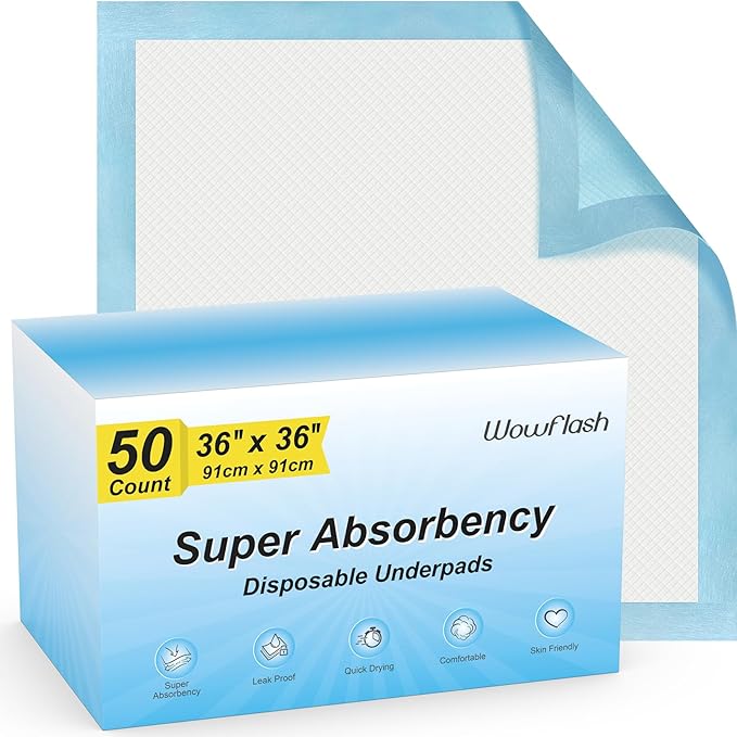 50 Count 36" x 36" Super Absorbency Disposable Underpads - Leakproof Quick Drying Pads for Baby, Puppy & Adults, Bed Pads, Incontinence & Dog Pee by Wowflash