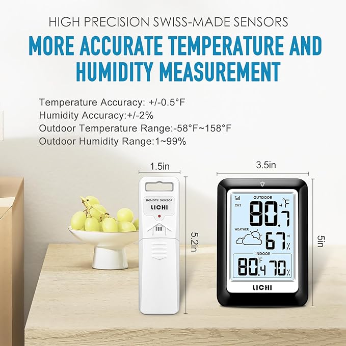 Indoor Outdoor Thermometer Wireless Weather Station, Internal External Thermometer Hygrometer, Home Batteryoperated Temperature Humiditymonitors330 Feet (About 100 Meters) Backlight Display (Black) - Image 5