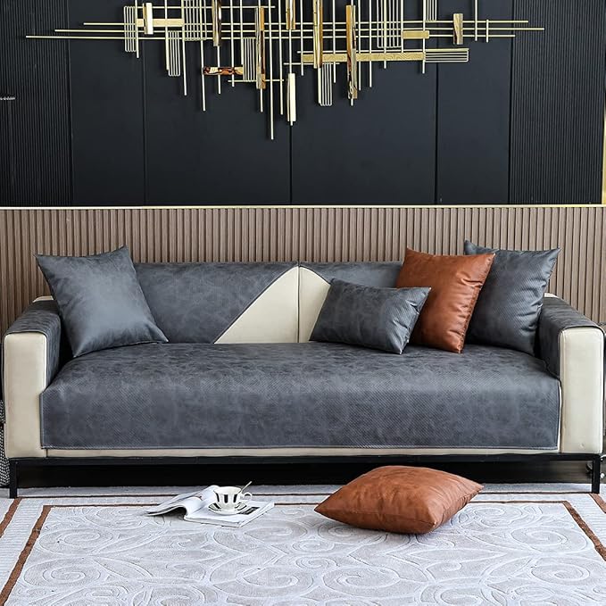 Faux Leather Waterproof Couch Sofa Cover Vintage PU Sectional Couch Cover Non Slip Sofa Slipcover Furniture Protector for Kids Dogs Cats (Gray,28"x47") - Image 2